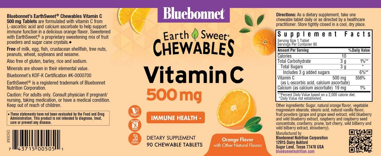 Bluebonnet Nutrition Earthsweet Vitamin C 500 Mg Powerful Antioxidant Protection & Immune Health Support Supplement - Maximum Absorption - Gluten-Free, Vegan - Flavor - Chewable Tablets Orange, 90 Count (Pack Of 1)