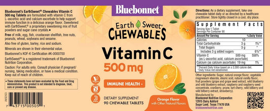 Bluebonnet Nutrition Earthsweet Vitamin C 500 Mg Powerful Antioxidant Protection & Immune Health Support Supplement - Maximum Absorption - Gluten-Free, Vegan - Flavor - Chewable Tablets Orange, 90 Count (Pack Of 1)