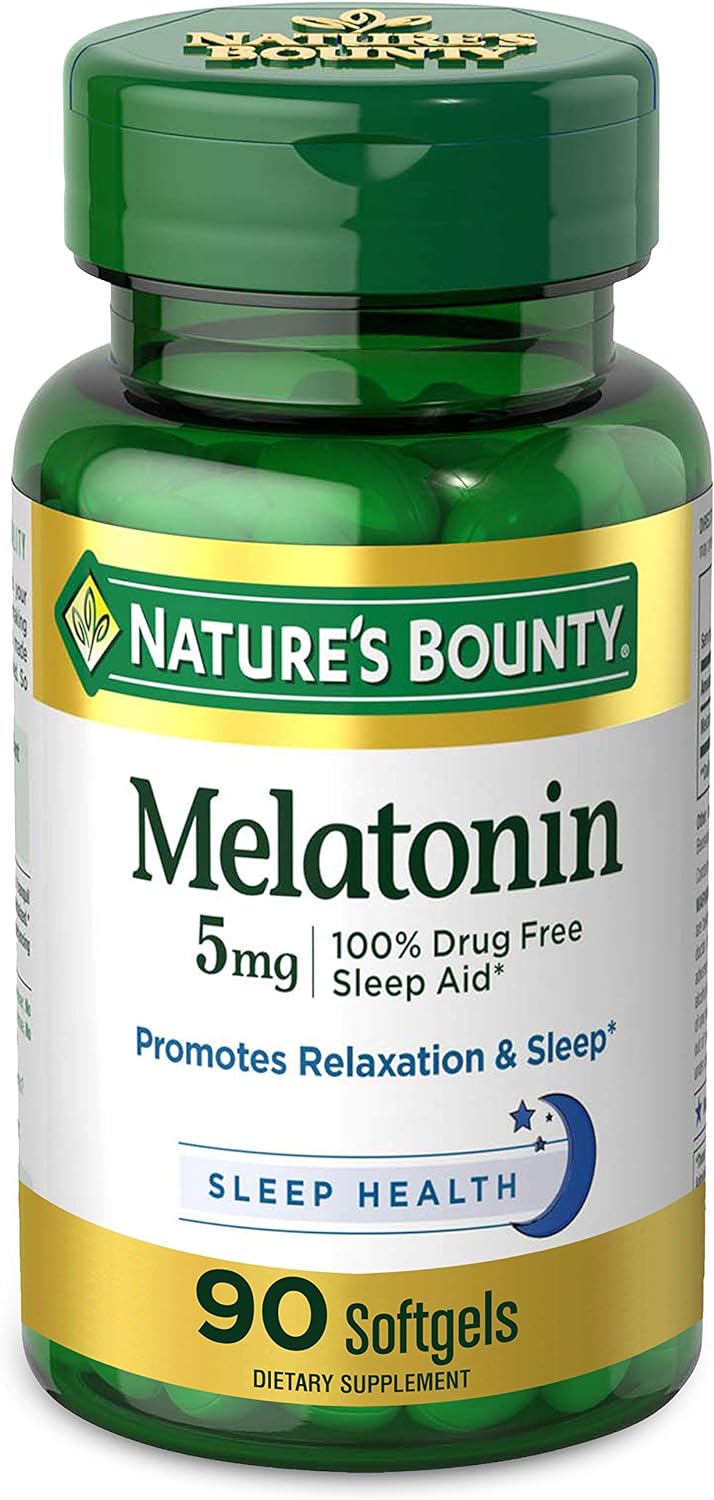 Nature'S Bounty Melatonin, 100% Drug Free Sleep Aid, Dietary Supplement, Promotes Relaxation And Sleep Health, 5Mg, 90 Softgels