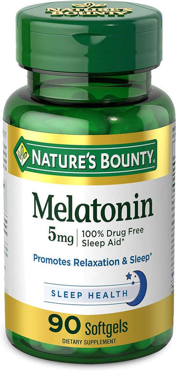 Nature'S Bounty Melatonin, 100% Drug Free Sleep Aid, Dietary Supplement, Promotes Relaxation And Sleep Health, 5Mg, 90 Softgels