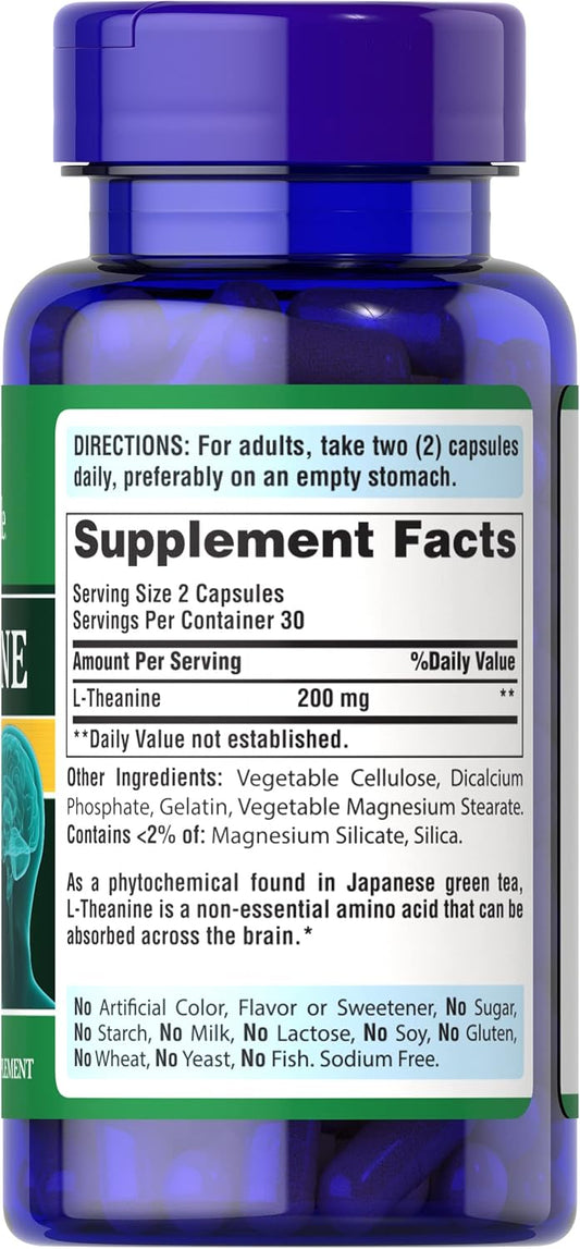 Puritan's Pride L-Theanine, Nootropic 30 Servings (200mg Per Serving), 60 Capsules