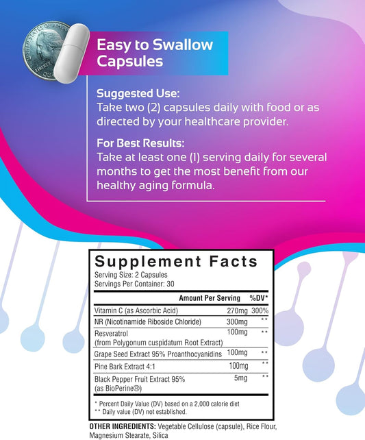 Nr + Resveratrol Supplement - Increase Nad, Dna & Cellular Health, Longevity, Vitality. 5-In-1 Anti Aging Formula W/ Nicotinamide Riboside, Trans Resveratrol, Vitamin C, Grape Seed, Pine Bark