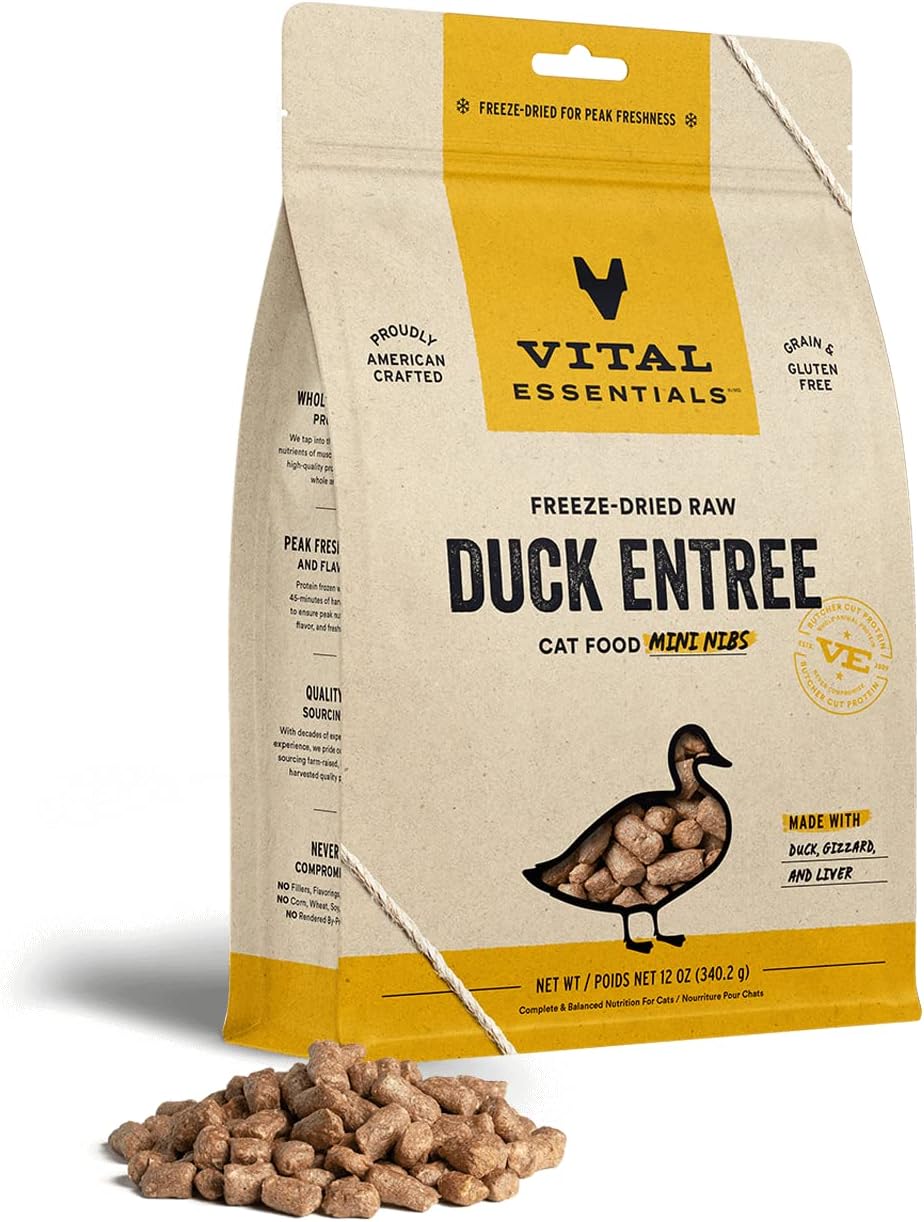 Vital Essentials Freeze Dried Raw Cat Food, Duck Mini Nibs Entree, 12 Oz