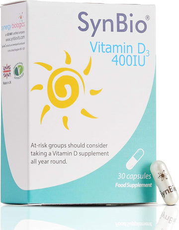 Synbio Vitamin D3 400 Iu | 30 Capsules - One Month Supply | Peanut Free - Nut Free - Vegetarian Society Approved - Soya Free - Dairy Free - Yeast Free - Sugar Free - Gelatin Free - Made In The Uk