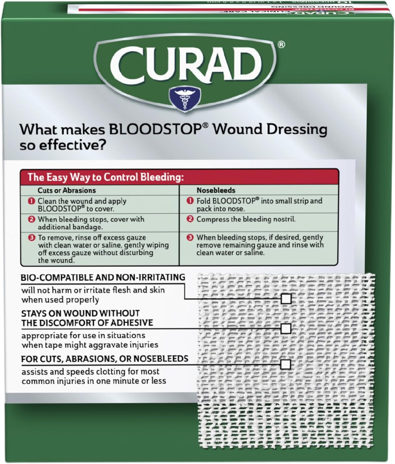 Curad CUR0055RBH Bloodstop Hemostatic Gauze, Helps Stop Bleeding Quickly, 1" x 1" Size, Pack of 10 : Industrial & Scientific