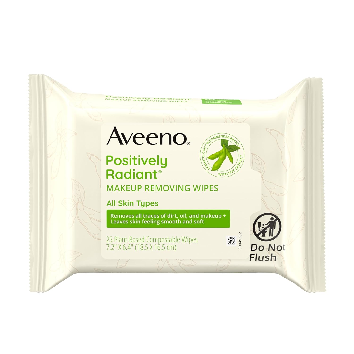 Aveeno Positively Radiant Makeup Remover Wipes, Gentle Individual Face Wipes With Moisture-Rich Soy Extract To Help Leave Your Skin Looking Bright, Hypoallergenic Formula, Non-Comedogenic (Pack Of 25)