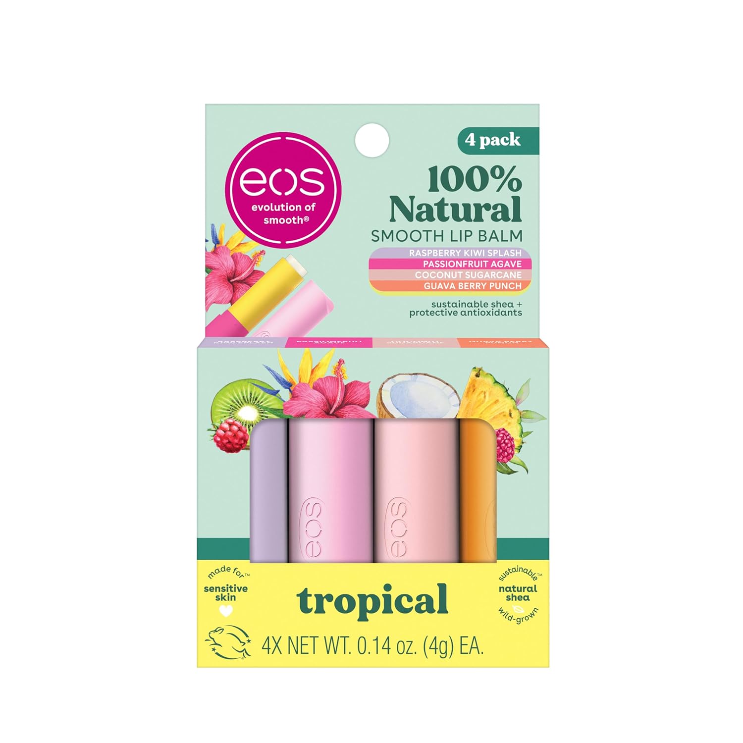 eos FlavorLab Super Soft Shea Lip Balm Sticks - Totally Tropical Variety Pack | Lip Moisturizer | 24 Hour Hydration | Gluten Free Lip Care| 4 Pack,Dragonfruit