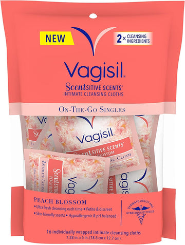 Vagisil Scentsitive Scents On-The-Go Feminine Cleansing Mini Wipes, pH Balanced, Peach Blossom, Individually Wrapped, 16 Count White