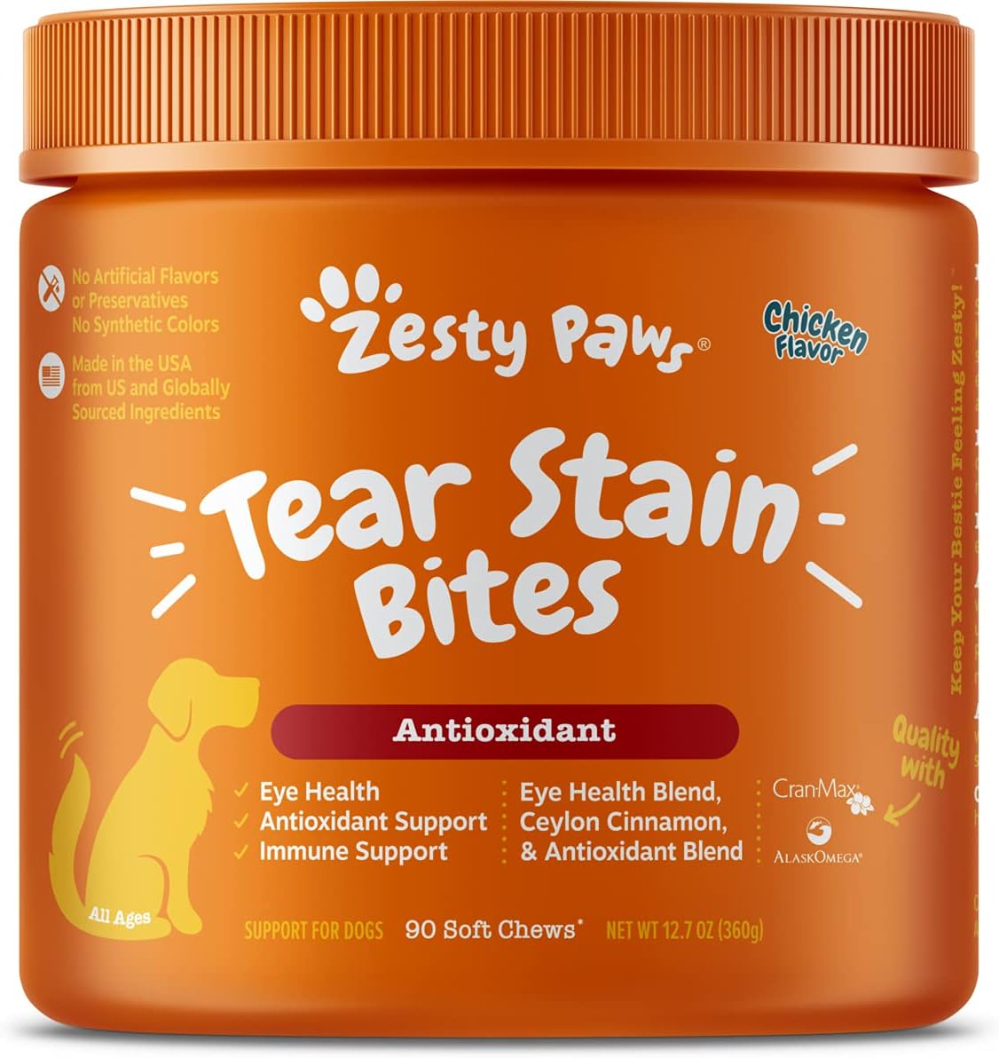 Zesty Paws Tear Stain Support Soft Chews For Dogs - For Eye Moisture + Vision & Immune Support - Functional Supplements With Fish Oil, Lutein, Cranberry & Vitamin C - Chicken Flavor - 90 Ct