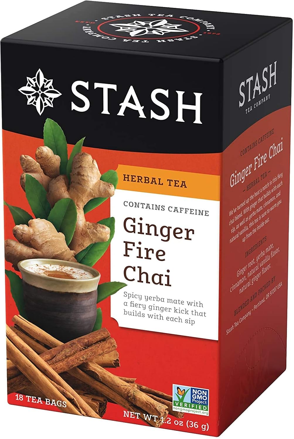 Stash Tea Ginger Fire Chai Herbal Tea - Caffeinated, Non-Gmo Project Verified Premium Tea With No Artificial Ingredients, 18 Count (Pack Of 6) - 108 Bags Total