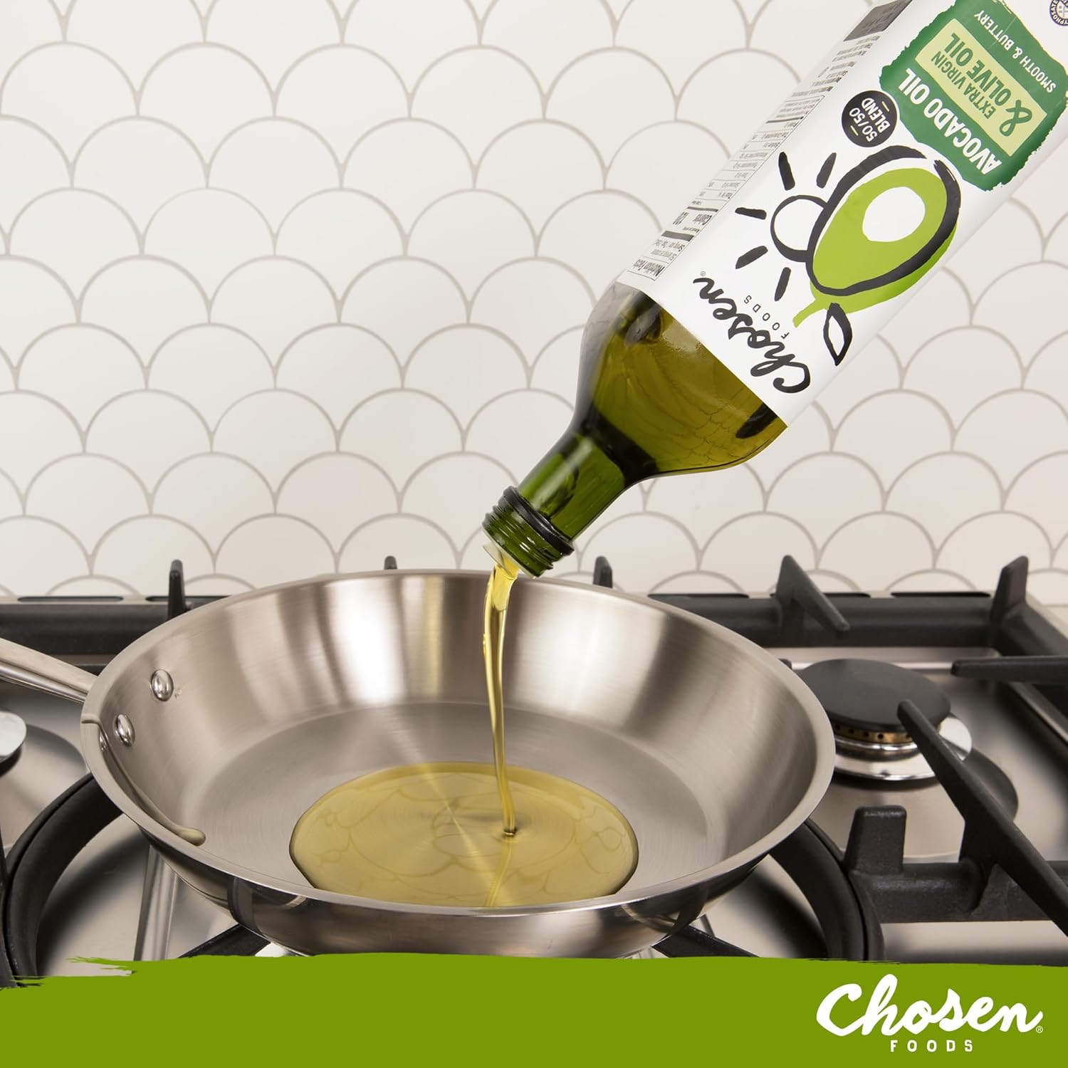 Chosen Foods 50/50 Blend 100% Pure Avocado, Extra Virgin Olive Oil – Non-GMO Blend Oil for Medium-Heat Cooking, Baking, Frying, 25.4 fl oz : Grocery & Gourmet Food