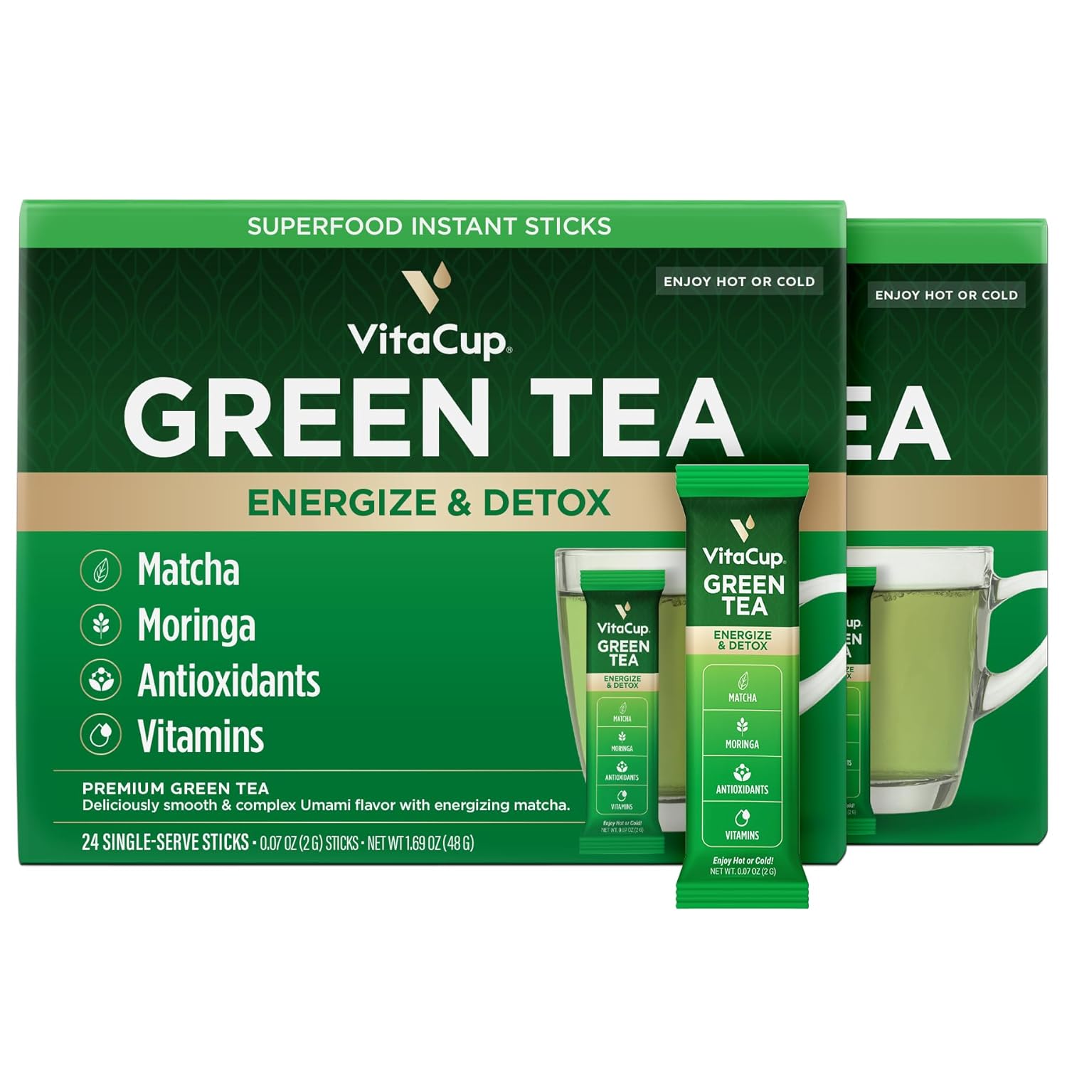 Vitacup Green Tea Instant Packets, Enhance Energy & Detox With Matcha, Moringa, B Vitamins, D3, Fiber, Keto, Paleo, Vegan In Tea Powder Single Serving Sticks, 48 Ct