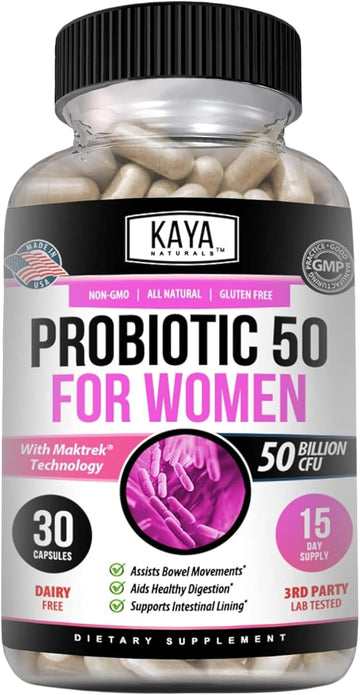 Kaya Naturals Probiotic 50 Billion Cfu | Probiotics For Women, Probiotics For Men And Adults, Natural | Gut Health & Immune Support Supplement | Provides Digestive Support - 30 Vegetable Capsules