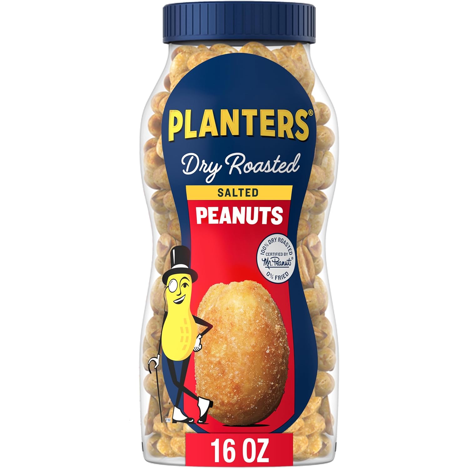 Planters Salted Dry Roasted Peanuts, Party Snacks, Plant Based Protein 16Oz (1 Jar)