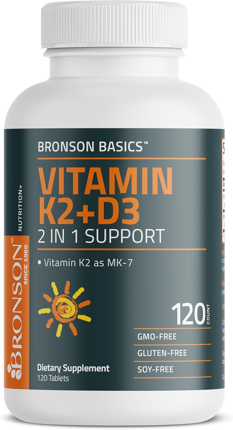 Bronson Basics Vitamin K2 D3 (MK7) Supplement Non-GMO Formula 5000IU (125 mcg) Vitamin D3 & 90 mcg Vitamin K2 MK-7 Easy to Swallow Vitamin D & K Complex, 120 Tablets : Health & Household