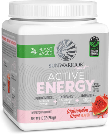 Sunwarrior Plant-Based Preworkout Powder Hydration Blend | Coconut Water Mushroom Blend Soy Free Sugar Free Gluten Free Dairy Free Synthetic Free | Watermelon Wave 30 Servings | Sport Active Energy