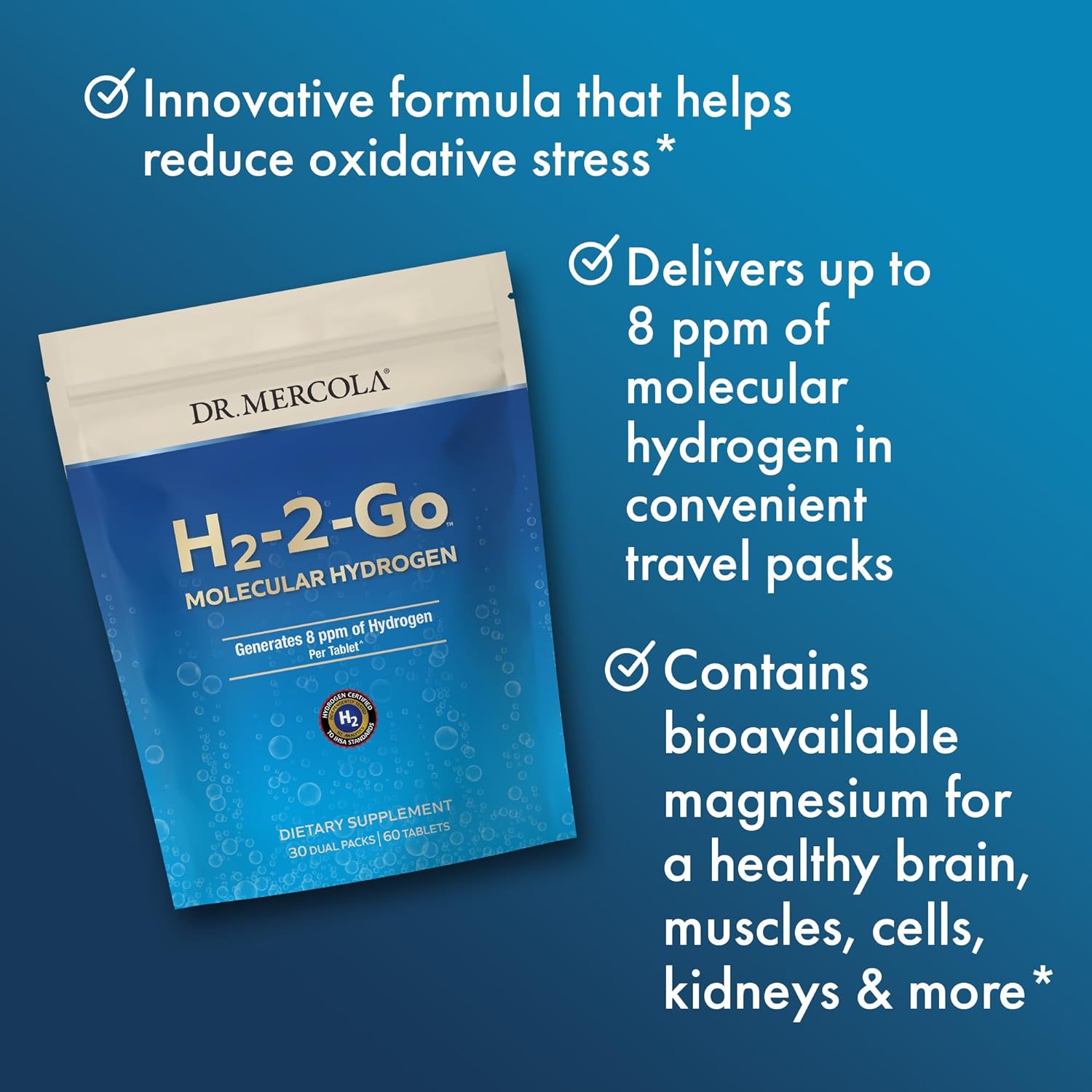 Dr. Mercola H2-2-Go Molecular Hydrogen, 60 Servings (60 Tablets), 8 ppm of Hydrogen Per Tablet, Dietary Supplement, Supports Circulatory Health : Health & Household