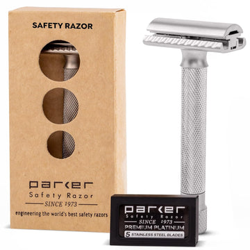 Parker The Variant Closed Comb - Adjustable Double Edge Safety Razor, Customize Your Shave With A Turn Of The Dial From Mild To Aggressive - 5 Blades Included (Satin Chrome)