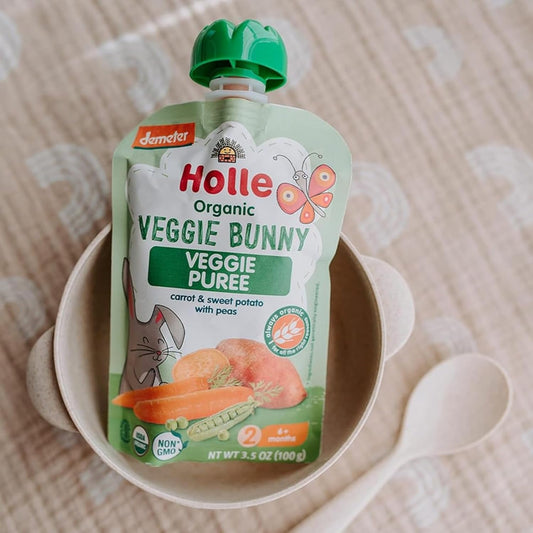 Holle Organic Baby Food Pouches - Veggie Bunny Baby Puree with Carrots, Peas and Sweet Potato - (6 Pack) Organic Baby Snacks + Fruit and Veggie Pouches for Weaning Babies 6 Months and Older