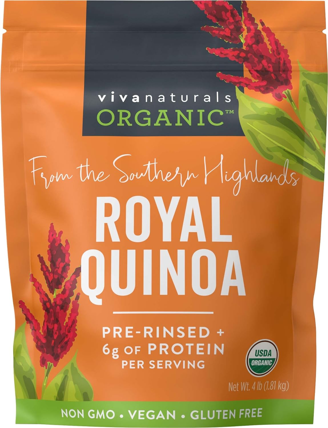 Viva Naturals Organic Quinoa, 64 oz (4 lb) - Plant Based Protein, Fiber and Iron - Pre-Washed Whole Grain Rice and Pasta Substitute for Quinoa Salad - USDA Organic, Gluten Free, Vegan, Non-GMO and Kosher