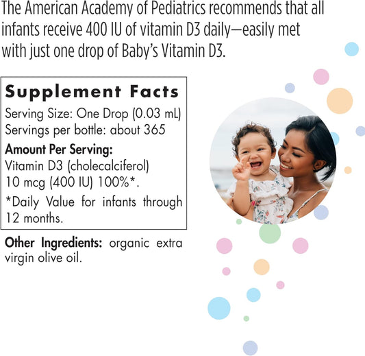 Nordic Naturals Baby'S Vitamin D3, Unflavored - 400 Iu Vitamin D3 - 0.37 Oz - Healthy Bones, Immune System Support, Normal Sleep Rhythms - Non-Gmo, Certified Vegetarian - 365 Servings, 0.37 Fl Oz (Pack Of 1)