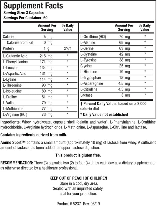 Biotics Research Amino Sport Broad Spectrum Amino Acids, Essential Amino Acids, Bcaas, Sports Recovery, Support Lean Muscle Mass 180 Caps