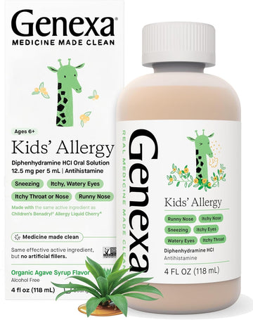 Genexa Kids' Allergy Medicine Liquid | Antihistamine Multi Symptom Childrens Allergy Medicine | Delicious Organic Agave Flavor | Certified Vegan, Gluten-Free & Non-GMO | 4 Fluid Ounces