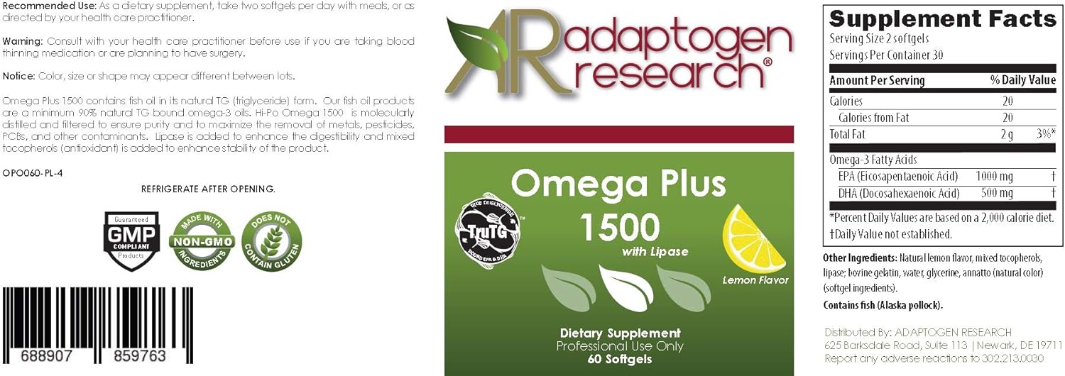 Omega Plus 1500 | 1500Mg Of The Omega 3 Fatty Acids Epa & Dha | Fish Oil In The Triglyceride Form Plus Lipase For Maximum Absorption | No Aftertaste | 60 Softgels