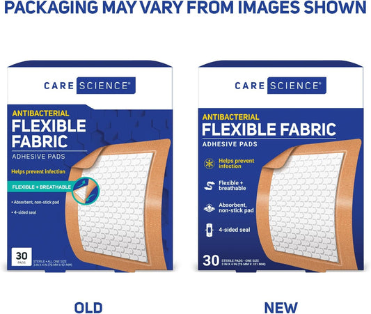 Care Science Fabric Adhesive Pad Bandages, 3X4 Inches Extra Large Flexible Non-Stick Strip, Helps Prevent Infection, Breathable Protection, For First Aid & Wound Care, 30 Count