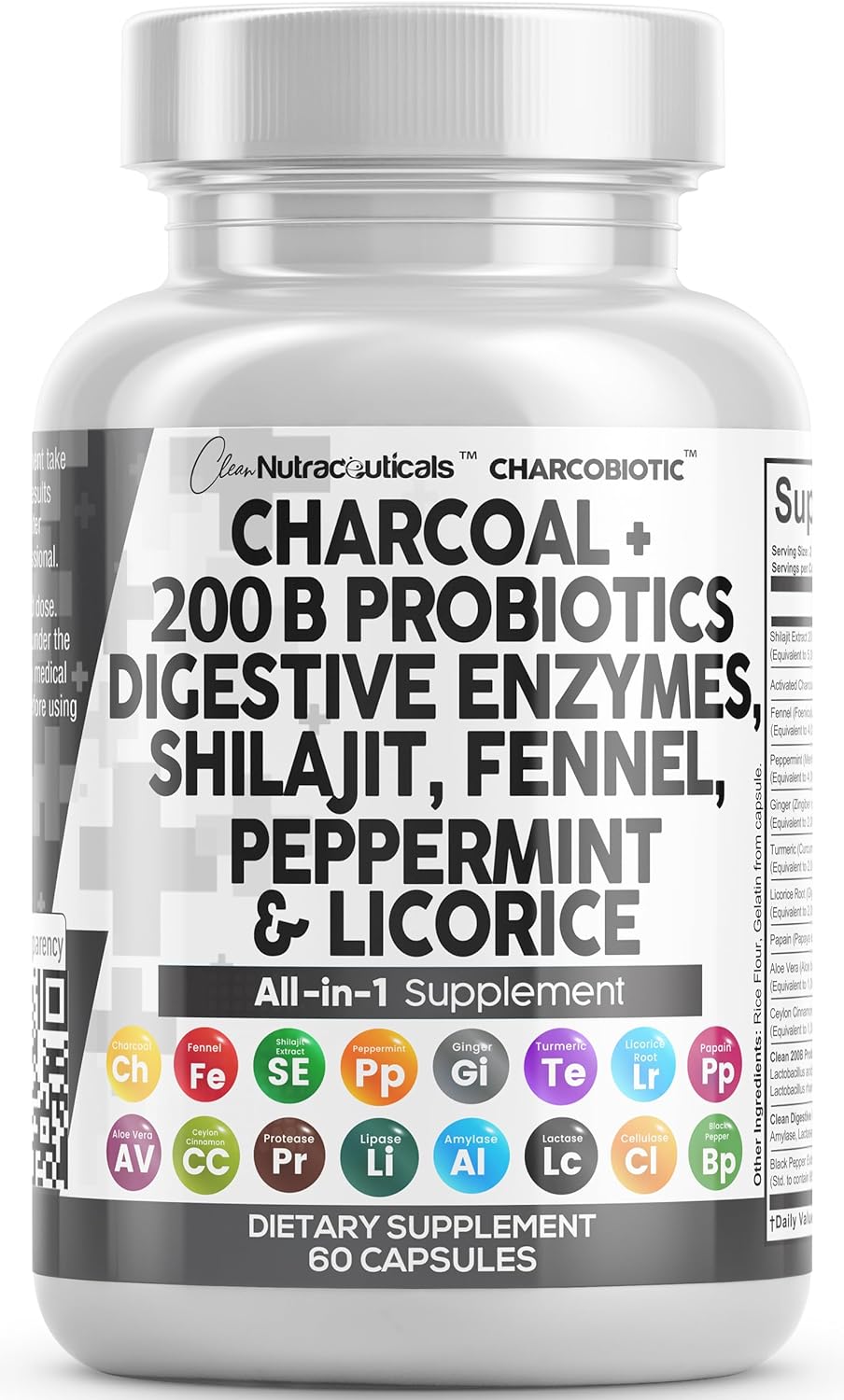 Clean Nutra Activated Charcoal Capsules Shilajit 5000mg Pills Probiotic 200 Billion + Digestive Enzymes for Digestive Health with Peppermint Fennel Licorice Papain Ginger Turmeric | Gut Health