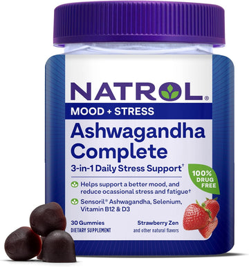 Natrol Ashwagandha Complete, 3-in-1 Daily Stress Support Gummies, Stress and Mood Support Supplement, 30 Strawberry Zen-Flavored Ashwagandha Gummies, 15 Day Supply