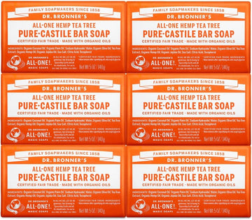 Dr. Bronner's - Pure-Castile Bar Soap (Tea Tree, 5 ounce, 6-Pack) - Made with Organic Oils, For Face, Body, Hair & Dandruff, Gentle on Acne-Prone Skin, Biodegradable, Vegan, Non-GMO