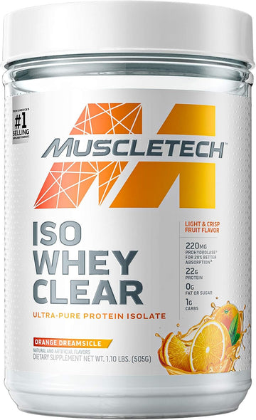 Whey Protein Powder MuscleTech Clear Whey Protein Isolate Whey Isolate Protein Powder for Women & Men Clear Protein Drink 22g of Protein, 90 Calories Orange Dreamsicle, 1.1lb (19 Servings)