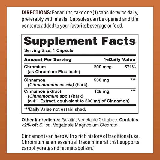 Vitamin World Cinnamon Complex With Chromium, 1000 Mg Cinnamon Supplements With High-Potency Chromium For Healthy Metabolism & Antioxidant Protection, 120 Capsules, 2 Month Supply, Gluten Free