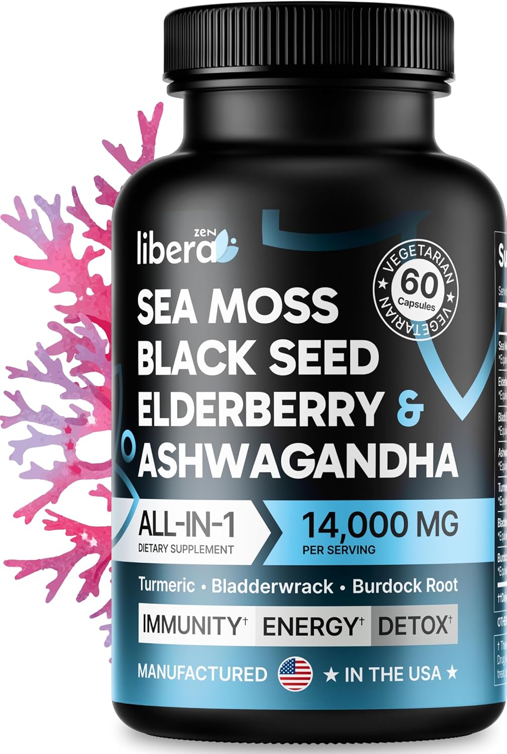 Sea Moss Capsules, All-In-One Irish Sea Moss Pills, Black Seed Oil, Elderberry Fruit, Ashwagandha Powder, Burdock Root & Bladderwrack, Seamoss Multimineral & Multivitamin Supplements 14,000Mg