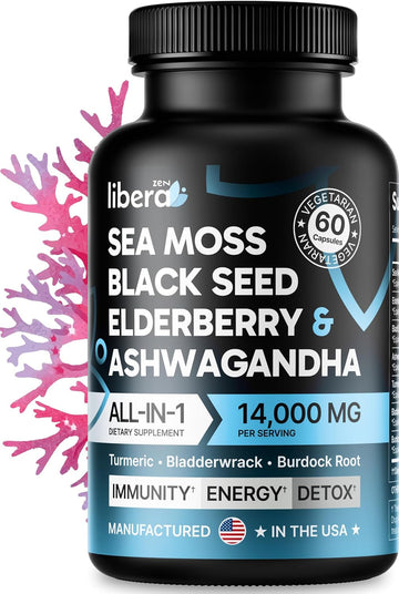Sea Moss Capsules, All-In-One Irish Sea Moss Pills, Black Seed Oil, Elderberry Fruit, Ashwagandha Powder, Burdock Root & Bladderwrack, Seamoss Multimineral & Multivitamin Supplements 14,000Mg