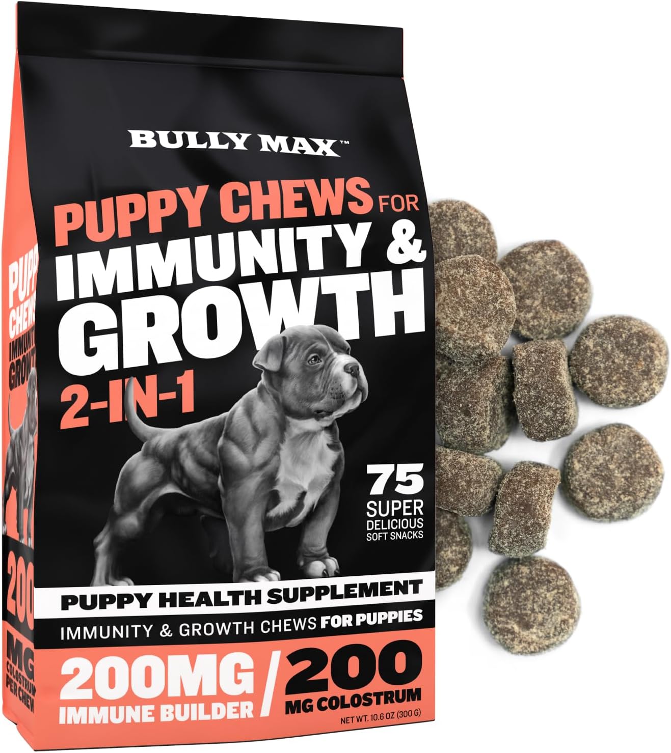 Bully Max 2-In-1 Puppy Soft Chews For Immunity & Growth - Puppy Dog Food Supplements And Vitamins For Health & Immune Support - Essential Dog Multivitamin For All Breeds, Small & Large Breed Puppies
