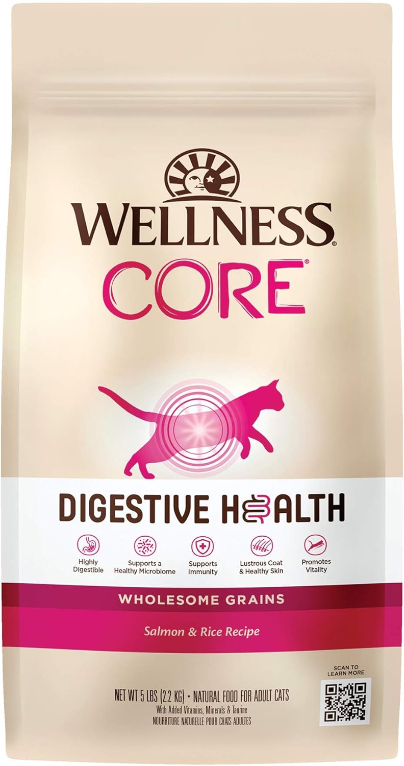 Wellness Core Digestive Health Wholesome Grains Probiotic Coated High Protein Dry Cat Food, Salmon & Rice Recipe, 5 Pound Bag