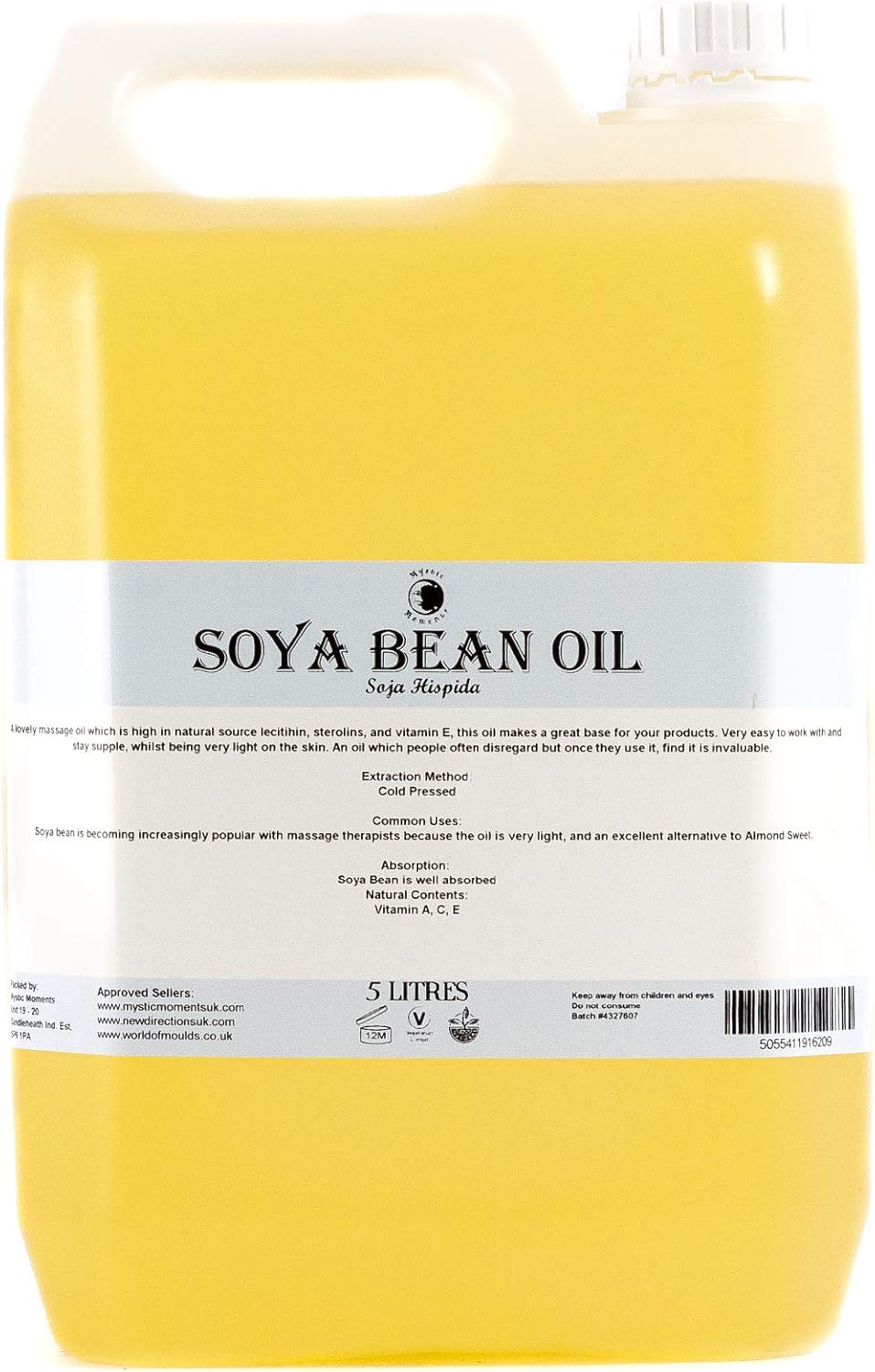 Mystic Moments | Soya Bean Carrier Oil 5 litres - Pure & Natural Oil Perfect for Hair, Face, Nails, Aromatherapy, Massage and Oil Dilution Vegan GMO Free