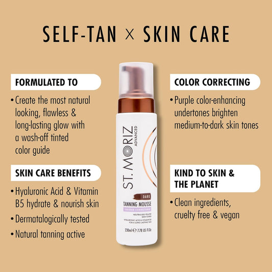 St Moriz Advanced Colour Correcting Tanning Mousse In Dark | With Hyaluronic Acid, Vitamin B5 & Advanced Skin Care Benefits | Brightens Medium To Dark Skin Tones | Fast-Drying Vegan Fake Tan | 200Ml