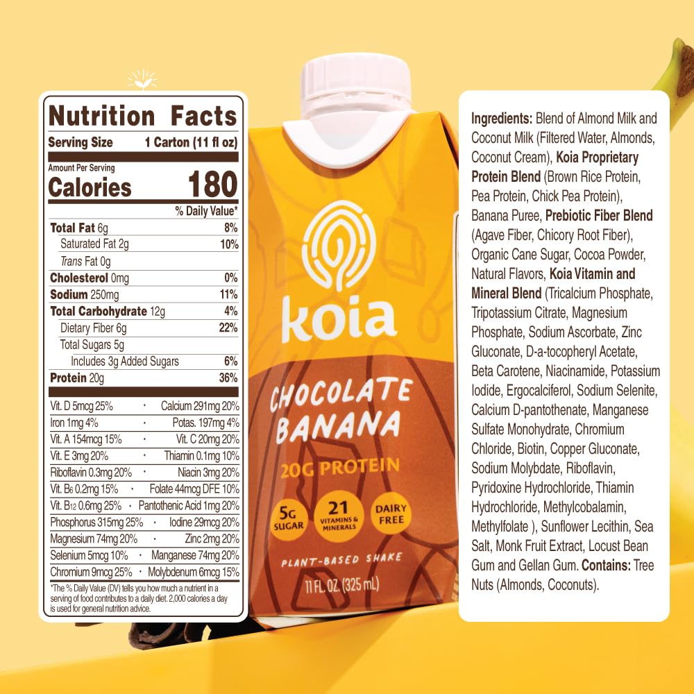 Koia - Plant Based Protein Shake - Chocolate Banana - 20G Protein, 5G Sugar, 6G Prebiotic Fiber, 21 Vitamins & Minerals - Dairy Free, Soy Free, Non Gmo - Meal Replacement Drinks - 11 Fl Oz, 12 Bottles