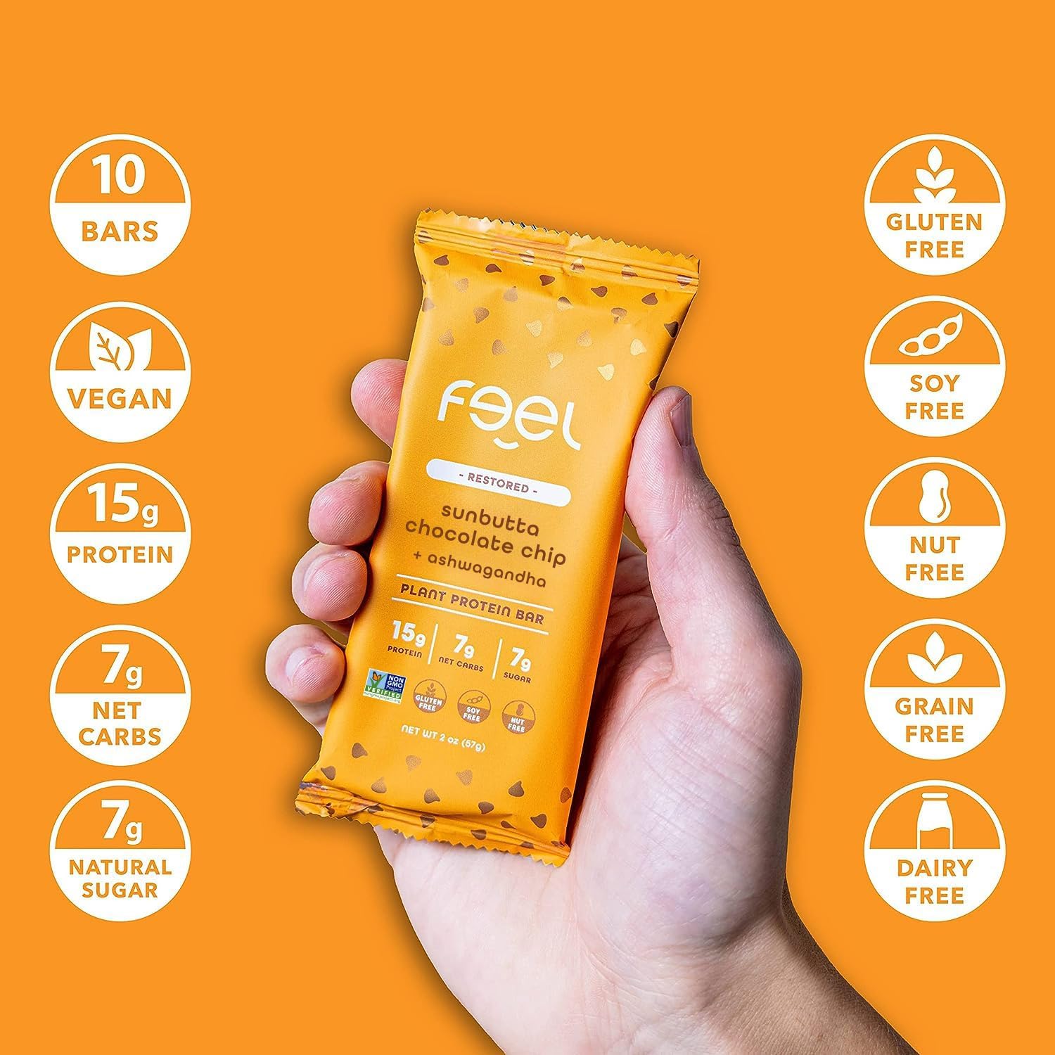 Feel Vegan Protein Bars | Sunbutta Chocolate Chip | Keto | Gluten Free | Organic | Ashwagandha | 15g Plant Protein | Low Carb | High Protein | Dairy Free | Low Sugar | Grain Free | Nut Free | Soy Free | Non GMO - (Sunbutta Choco Chip, 10 Pack) : Health & Household