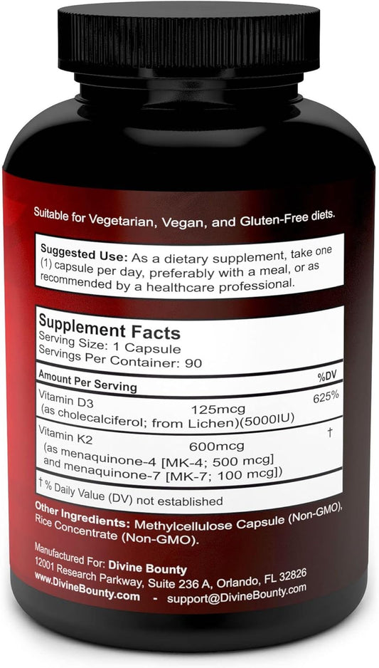 Vitamin K2 (MK7 & MK4) with D3 Supplement - Vitamin K & D as MK-7 100mcg, MK-4 500mcg, and 5000 IU Vitamin D3 3-in-1 Formula - Bone and Heart Support - 90 Non-GMO Vegetarian Capsules