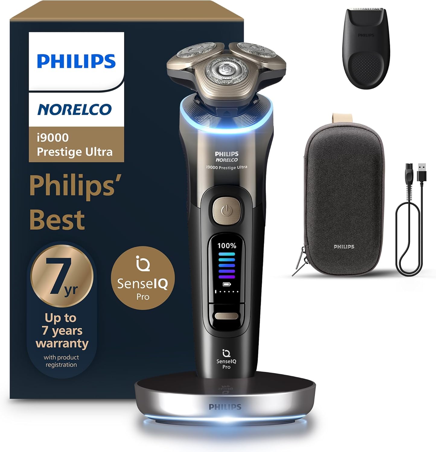 Philips Norelco Shaver I9000 Prestige Ultra, Wet & Dry Electric Shaver, Dark Slate, Senseiq Pro Technology, Triple Lift & Cut System, 360 Rotating Nanotech Precision Blades, Quick Clean Pod, Xp9402/86