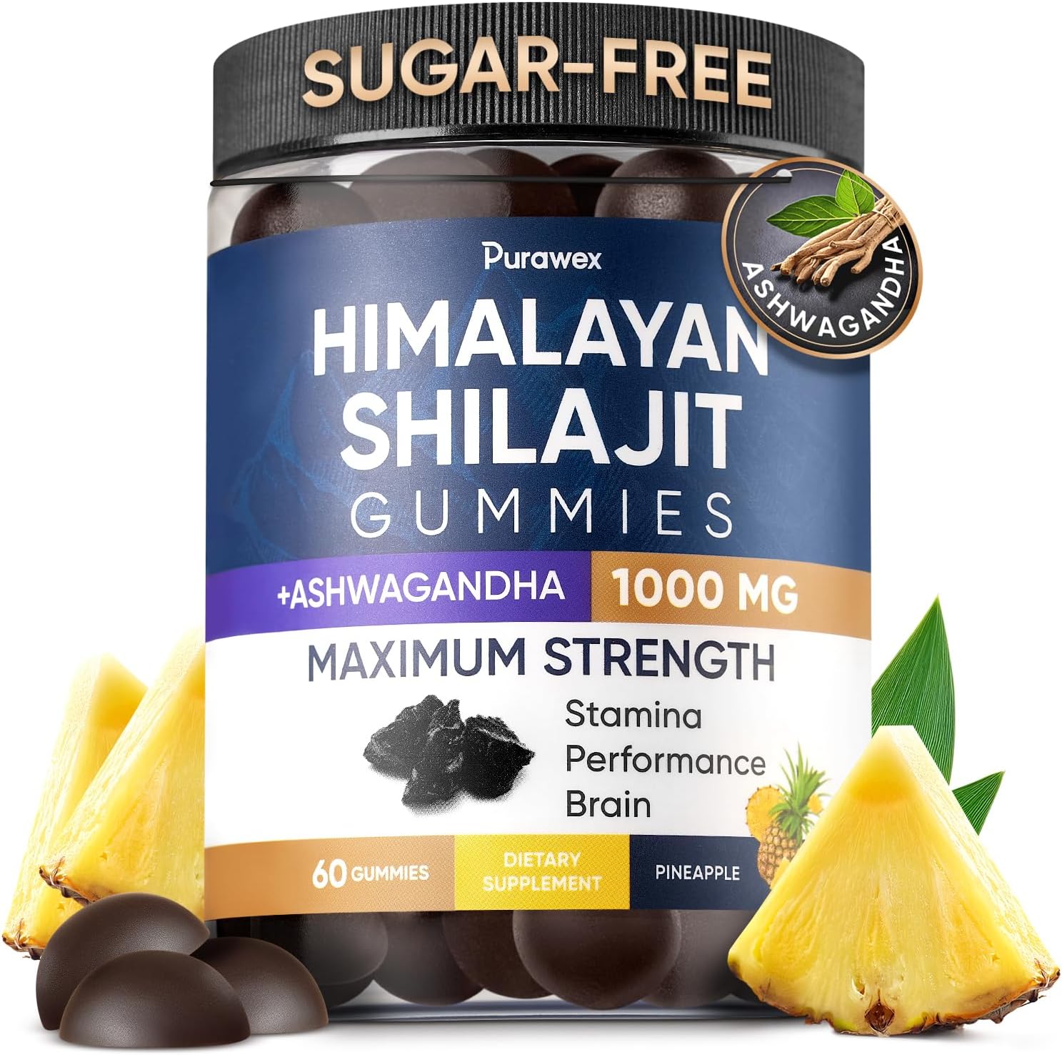 Shilajit Gummies 1000Mg For Men And Women, Energy, Immunity Support, Pure Himalayan Shilajit Gummies With Ashwagandha, Sugar Free, Vegan, Pineapple Flavor, 30 Day Supply, Manganese, 60 Pcs