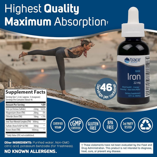 Trace Minerals Ionic Iron 22 Mg - Dietary Supplement To Support Immune System Health & Energy - Liquid Ionic Trace Mineral Supplement With Ferrous Sulfate - 1.9 Fl Oz (About 46 Servings)