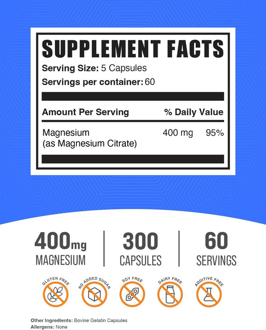 BulkSupplements.com Magnesium Citrate Capsules - Magnesium Supplement, Magnesium Citrate 400mg - Magnesium Pills, Gluten Free - 5 Capsules per Serving, 300 Capsules (Pack of 1)