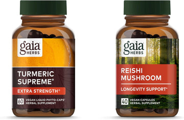 Gaia Herbs Turmeric Supreme Extra Strength - 60 Vegan Liquid Phyto-Capsules & Reishi Mushroom - Immune System & Supports Heart Health - 40 Vegan Liquid Phyto-Capsules (2 Pack)