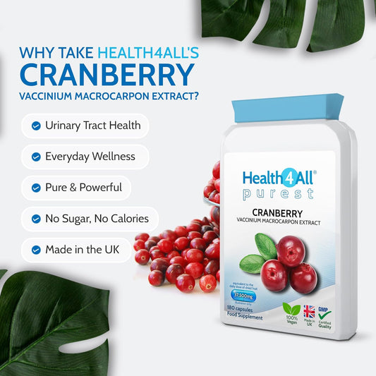 Health4All Cranbery 37,500Mg 180 Capsules, 2 Months Supply, Purest High Strength Cranberry Extract Vegan Capsules Supplement For Women & Men | Made In Uk (Not Tablets)