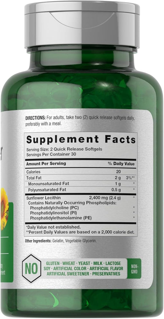 Horbäach Sunflower Lecithin 2400Mg | 60 Softgel Capsules | Naturally Occurring Phospholipids | Non-Gmo, Gluten Free Supplement |